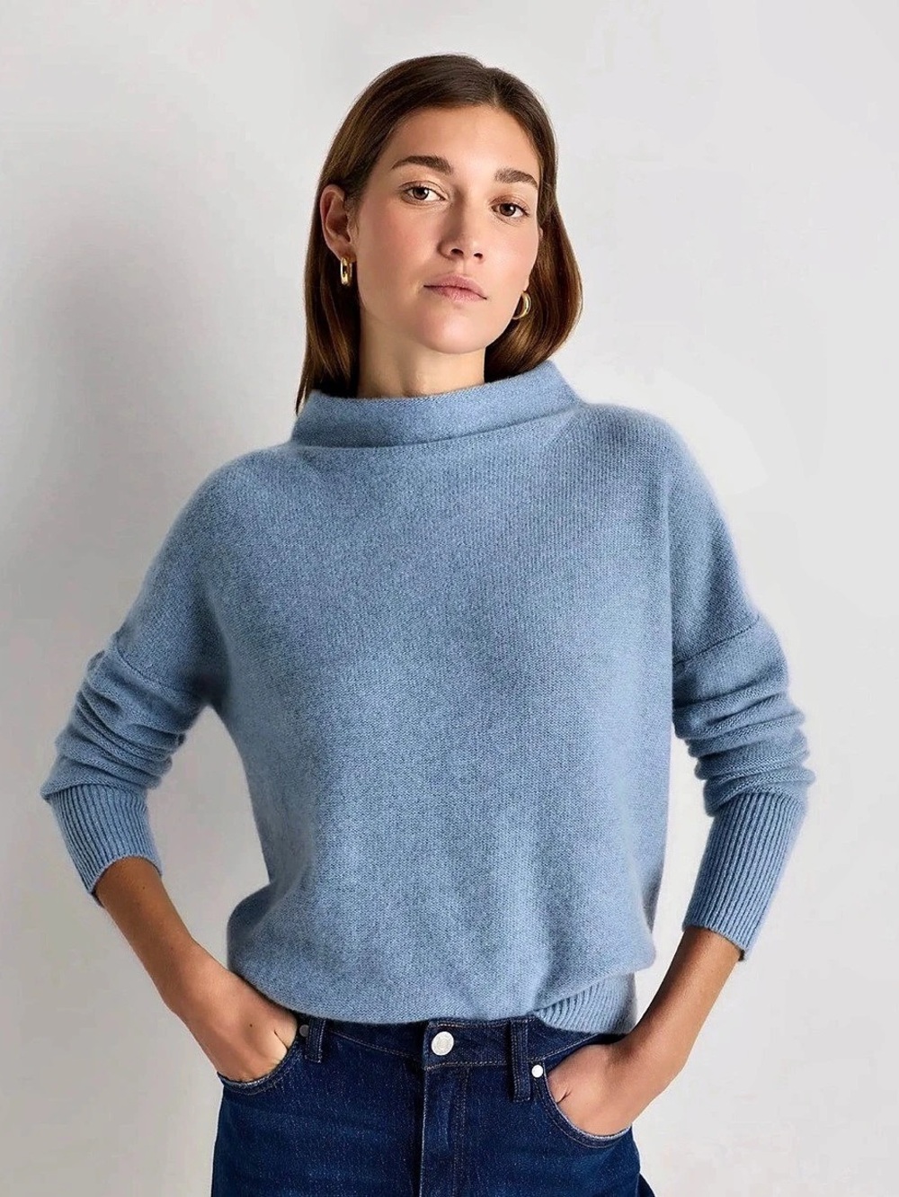 Quince Mongolian Cashmere Funnel Neck Sweater in Faded Denim